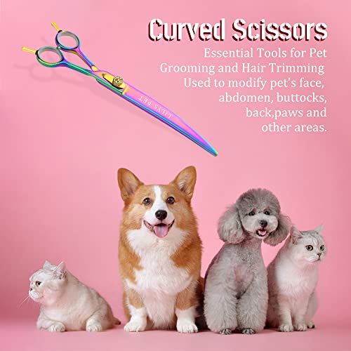 LILYS PET HIGH-END SERIES 8-Inch Japan 440C Rainbow Color Pet Grooming Two-way Curved Scissor,Delicate Gold Screw with Drilling
