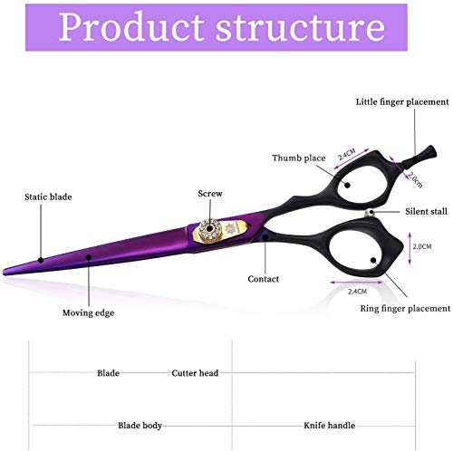 Dream Reach 7.0 inches Professional Decompressed Elastic Handle Pet Grooming Scissors Set,Straight & Chunker & 2 Curved Scissors 4pcs Set for Dog Grooming (Purple) (Cutting Scissor)