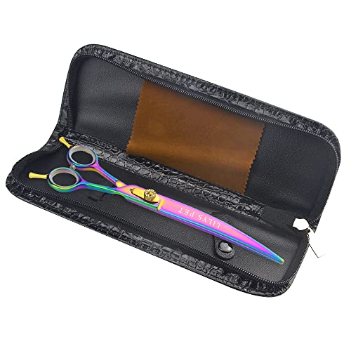 LILYS PET HIGH-END SERIES 8-Inch Japan 440C Rainbow Color Pet Grooming Two-way Curved Scissor,Delicate Gold Screw with Drilling