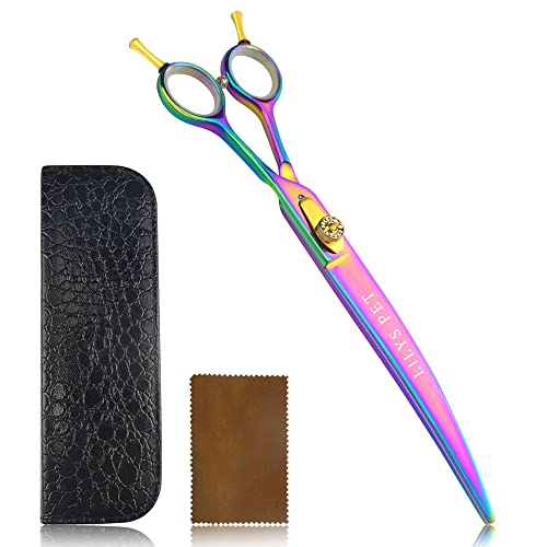 LILYS PET HIGH-END SERIES 8-Inch Japan 440C Rainbow Color Pet Grooming Two-way Curved Scissor,Delicate Gold Screw with Drilling