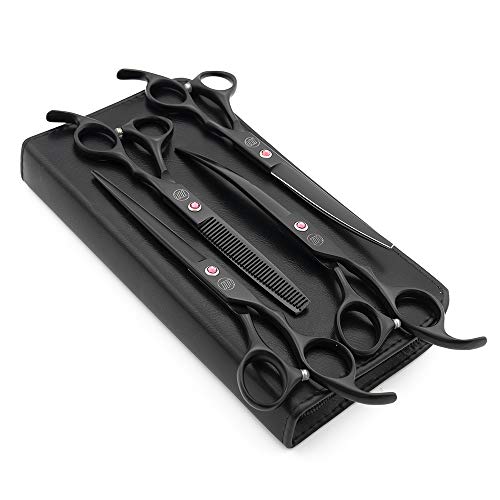 Moontay Professional 7.0" Dog Grooming Scissors Set, 4-pieces Straight, Upward Curved, Downward Curved, Thinning/Blending Shears for Dog, Cat and Pets, JP Stainless Steel, Black