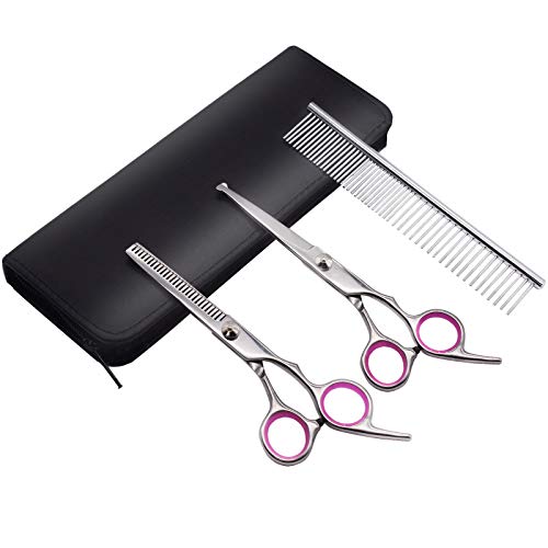PetQoo Dog Grooming Scissors with Safety Round Tips, Heavy Duty Titanium Pet Grooming Shears Kit, Professional Thinning, Straight Trimmer Scissors with Comb for Dogs and Cats (Set of 3 Pink)