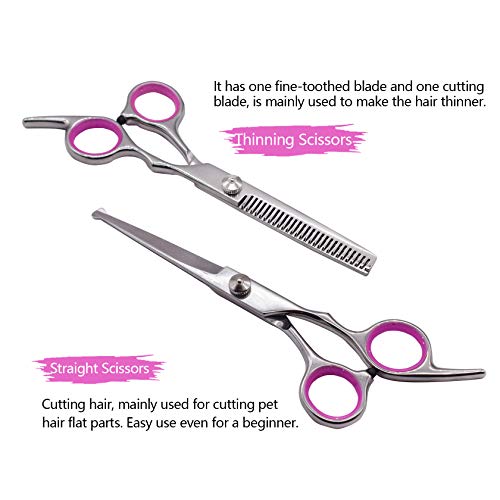 PetQoo Dog Grooming Scissors with Safety Round Tips, Heavy Duty Titanium Pet Grooming Shears Kit, Professional Thinning, Straight Trimmer Scissors with Comb for Dogs and Cats (Set of 3 Pink)