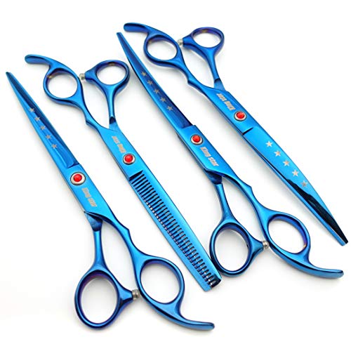 7.0in Titanium Blue Professional Pet Grooming Scissors Set,Straight & Thinning & Curved Scissors 4pcs Set for Dog Grooming,(Blue)
