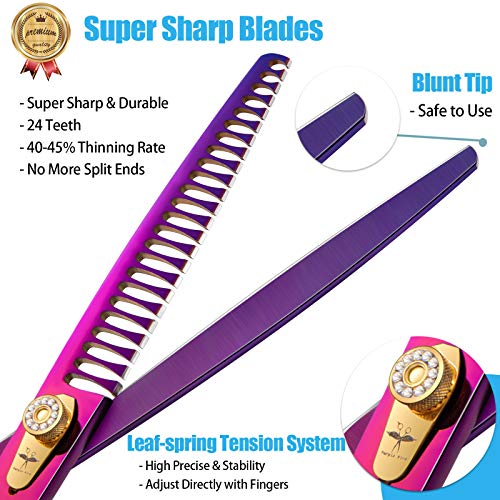 8 Inch Straight Dog Grooming Scissors Professional Pet Chunker Shears Safety Noiseless Blunt Tip Trimming Shearing for Dogs Cats Japanese Stainless Steel Purple