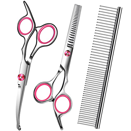 Pet Grooming Set: Pink Scissors, Thinning, Curved