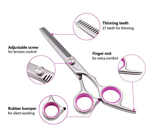 PetQoo Dog Grooming Scissors with Safety Round Tips, Heavy Duty Titanium Pet Grooming Shears Kit, Professional Thinning, Straight Trimmer Scissors with Comb for Dogs and Cats (Set of 3 Pink)