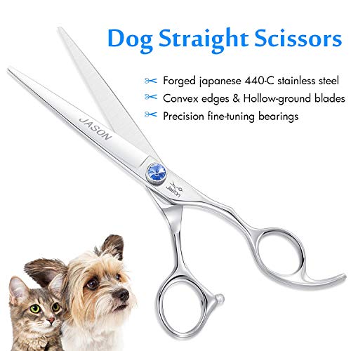 JASON 7" Straight Dog Grooming Scissors, Ergonomic Pets Grooming Shears, Premium Cats Trimming Kit with Offset Handle and Jewelled Screw, Sharp, Comfortable, Durable, Light-weight