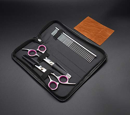 PetQoo Dog Grooming Scissors with Safety Round Tips, Heavy Duty Titanium Pet Grooming Shears Kit, Professional Thinning, Straight Trimmer Scissors with Comb for Dogs and Cats (Set of 3 Pink)
