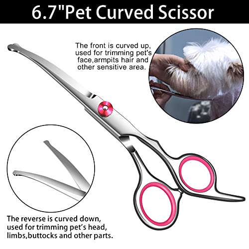 Pet Grooming Set: Pink Scissors, Thinning, Curved
