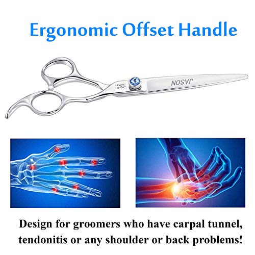 JASON 7" Straight Dog Grooming Scissors, Ergonomic Pets Grooming Shears, Premium Cats Trimming Kit with Offset Handle and Jewelled Screw, Sharp, Comfortable, Durable, Light-weight