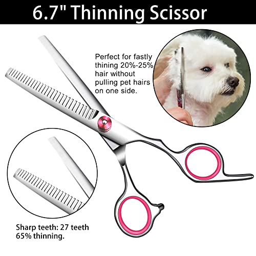 Pet Grooming Set: Pink Scissors, Thinning, Curved