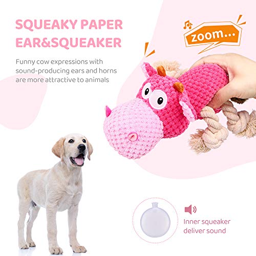 IOKHEIRA Dog Squeaky Toys, Tug of War Dog Plush Toy for Large Breed, Cute Animals Toys with Cotton Material and Crinkle Paper,Tough Chewing Toys for Puppy Breed (Shocking Pink, Cattle)