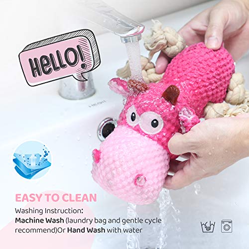 IOKHEIRA Dog Squeaky Toys, Tug of War Dog Plush Toy for Large Breed, Cute Animals Toys with Cotton Material and Crinkle Paper,Tough Chewing Toys for Puppy Breed (Shocking Pink, Cattle)