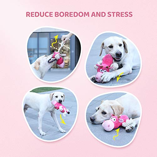 IOKHEIRA Dog Squeaky Toys, Tug of War Dog Plush Toy for Large Breed, Cute Animals Toys with Cotton Material and Crinkle Paper,Tough Chewing Toys for Puppy Breed (Shocking Pink, Cattle)