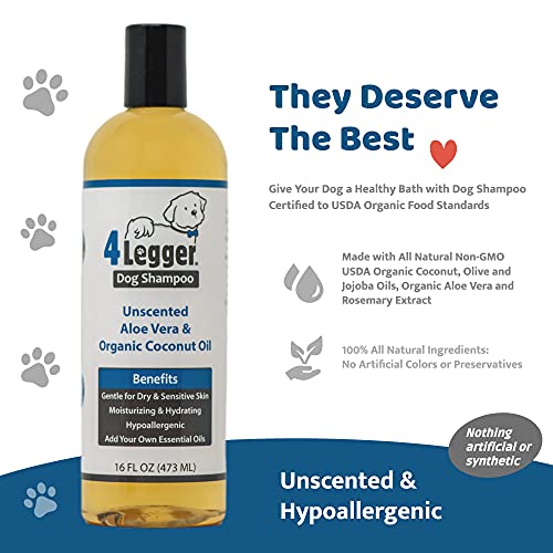 4-Legger Certified Organic Hypoallergenic All Natural Aloe Dog Shampoo - Unscented - Gentle Moisturizing - Conditioning for Soothing Relief of Dry, Itchy, Sensitive Allergy Skin - Made in USA - 16 oz