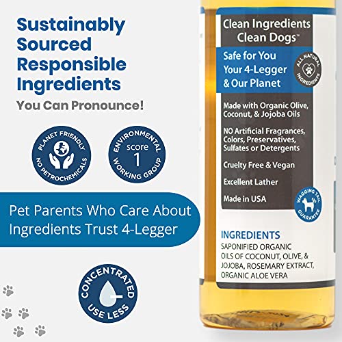 4-Legger Certified Organic Hypoallergenic All Natural Aloe Dog Shampoo - Unscented - Gentle Moisturizing - Conditioning for Soothing Relief of Dry, Itchy, Sensitive Allergy Skin - Made in USA - 16 oz