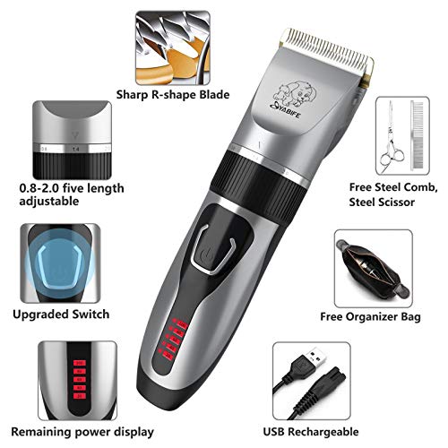 Yabife Dog Clippers, USB Rechargeable Cordless Dog Grooming Kit, Electric Pets Hair Trimmers Shaver Shears for Dogs and Cats, Quiet, Washable, with LED Display