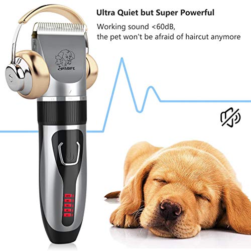 Yabife Dog Clippers, USB Rechargeable Cordless Dog Grooming Kit, Electric Pets Hair Trimmers Shaver Shears for Dogs and Cats, Quiet, Washable, with LED Display
