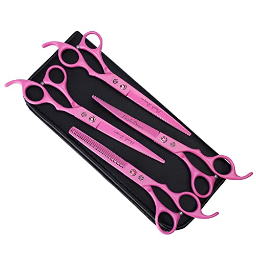 Purple Dragon Professional 7.0 inch 4PCS Pet Grooming Scissors Kit Japan Premium Steel Straight & Curved & Thinning Blade Dog Hair Cutting Shears Set with Case
