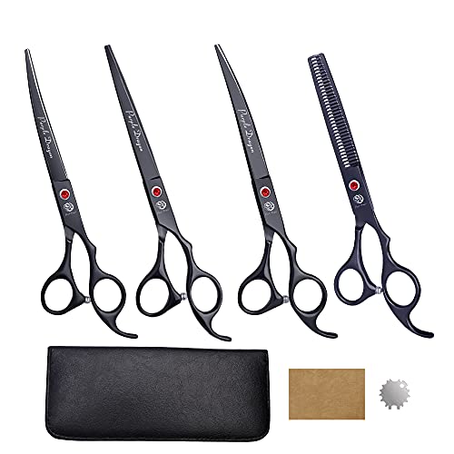 Purple Dragon Professional 7.0 inch 4PCS Pet Grooming Scissor Kit Japan Premium Steel Straight & Curved & Thinning Blade Dog Hair Cutting Shears Set with Case