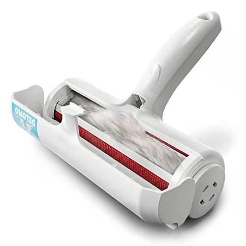 DELOMO Pet Hair Remover Roller - Dog & Cat Fur Remover with Self-Cleaning Base - Efficient Animal Hair Removal Tool - Perfect for Furniture, Couch, Carpet, Car Seat, Red