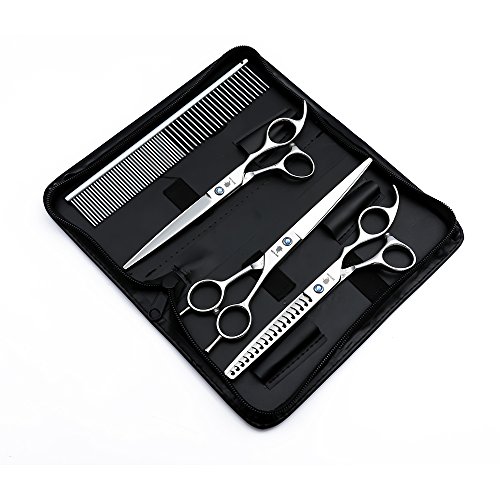 Smith Chu Professional Pet Dog Grooming Scissors Kit - Premium Stainless Steel Straight Curved Thinning Blade Dog Hair Cutting Shears Set -Best Tools for Trimming,7 inch Gun Black with Case