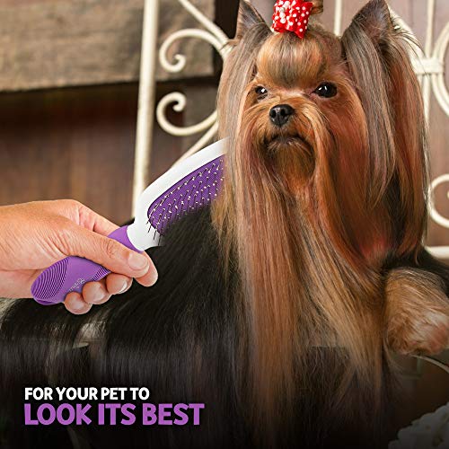 Stainless Steel Grooming Brush for Dogs - Ever Gentle Slicker Brush with Rubber Handle and Hook