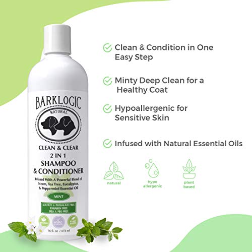 BarkLogic Clean & Clear 2 in 1 Shampoo & Conditioner, Mint, 16 fl oz - Grooming Essentials For A Healthy Coat - No Parabens, No Phthalates, No Sulfates, No DEA & PEG, Hypoallergenic & Vegan
