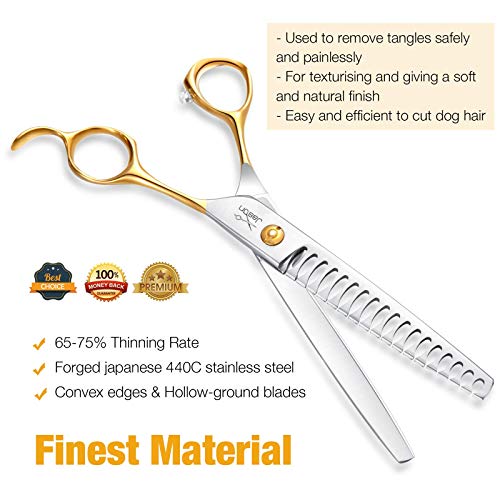 JASON 7.5" 18-Teeth Chunkers Shears for Dogs Cats Grooming Texturizing Blending Thinning Scissor Pets Trimming Kit Sharp Gold Shear for Right Handed Groomers