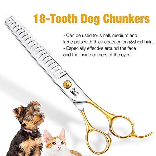 JASON 7.5" 18-Teeth Chunkers Shears for Dogs Cats Grooming Texturizing Blending Thinning Scissor Pets Trimming Kit Sharp Gold Shear for Right Handed Groomers