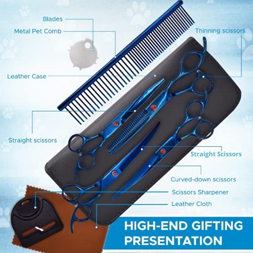 EVEN Professional Dog Grooming Scissors Set for Cats and Dogs-9CR Coated Steel, Safety Kit- Straight and Thinning Shears, Curved Up Shears , Metal Pet Comb, Scissor Sharpener and Case-Pet Fur Care