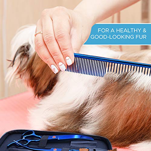 EVEN Professional Dog Grooming Scissors Set for Cats and Dogs-9CR Coated Steel, Safety Kit- Straight and Thinning Shears, Curved Up Shears , Metal Pet Comb, Scissor Sharpener and Case-Pet Fur Care