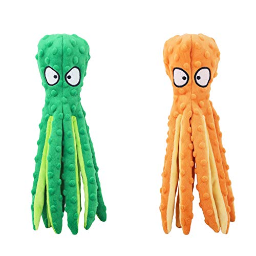 LUFFWELL Durable Dog Squeaky Toys, 2 Pack No Stuffing Plush Crinkle Toys, Animal Chew Toy Interactive with Squeaker for Small Medium Large Dogs, Octopus Design 12.5â