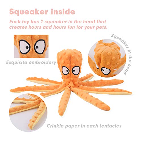 LUFFWELL Durable Dog Squeaky Toys, 2 Pack No Stuffing Plush Crinkle Toys, Animal Chew Toy Interactive with Squeaker for Small Medium Large Dogs, Octopus Design 12.5â