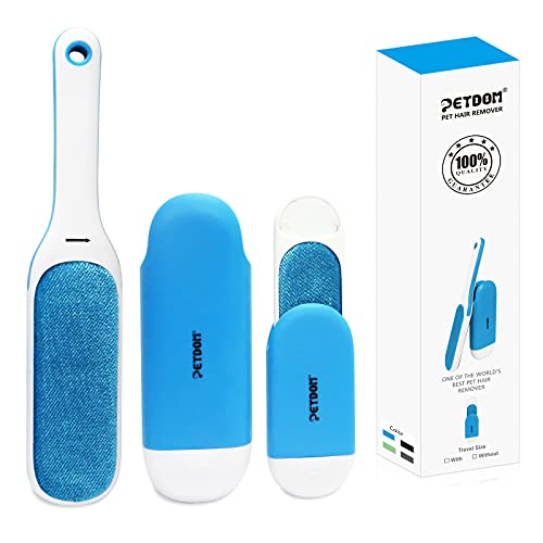 PETDOM Pet Hair Remover Brush Unibody Handle - Double Sided Reusable Cat Dog Fur & Lint Removal Brush with Self-Cleaning Base - Pet Hair Remover for Clothes, Carpet, Furniture (Sky Blue)
