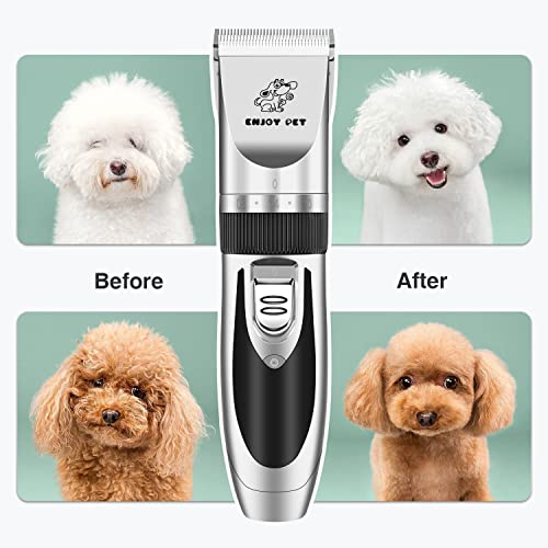 ENJOY PET Dog Clippers Low Noise Cat Shaver, Professional Dog Grooming Kit Rechargeable Cordless Pet Hair Clippers with 4 Comb Guides, Electric Quiet Pet Trimmer for Dogs Cats and Animals (Silver)
