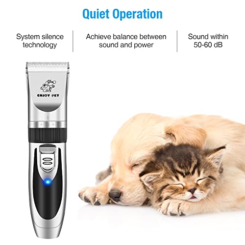 ENJOY PET Dog Clippers Low Noise Cat Shaver Professional Dog Grooming Kit Rechargeable Cordless Pet Hair Clippers with 4 Comb Guides Electric Quiet Pet Trimmer for Dogs Cats and Animals Silver