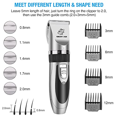 ENJOY PET Dog Clippers Low Noise Cat Shaver, Professional Dog Grooming Kit Rechargeable Cordless Pet Hair Clippers with 4 Comb Guides, Electric Quiet Pet Trimmer for Dogs Cats and Animals (Silver)
