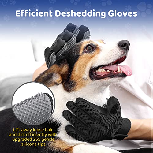 [Upgrade Version] Pet Grooming Glove - Gentle Deshedding Brush Glove - Efficient Pet Hair Remover Mitt - Enhanced Five Finger Design - Perfect for Dog & Cat with Long & Short Fur - 1 Pair (Gray)