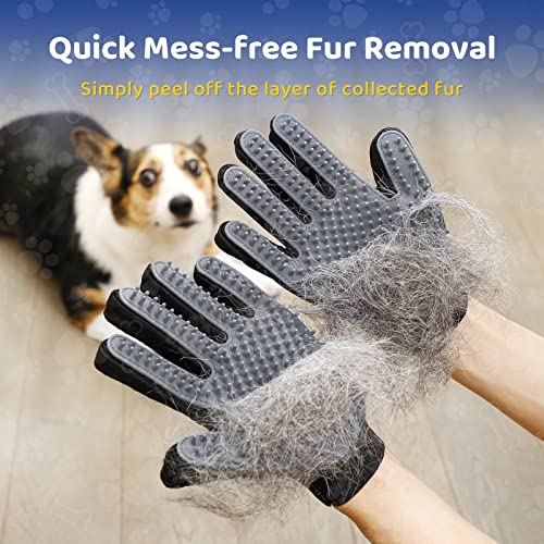 [Upgrade Version] Pet Grooming Glove - Gentle Deshedding Brush Glove - Efficient Pet Hair Remover Mitt - Enhanced Five Finger Design - Perfect for Dog & Cat with Long & Short Fur - 1 Pair (Gray)