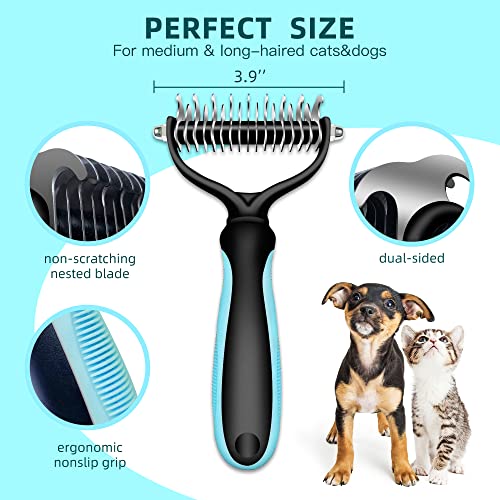 Pet Grooming Brush- 2 Sided Undercoat Rake for Dogs & Cats-Safe and Effective Dematting Comb & Deshedding Tool for Easy Mats & Tangles Removing - No More Nasty Shedding and Flying Hair