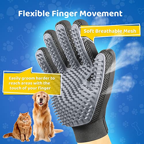[Upgrade Version] Pet Grooming Glove - Gentle Deshedding Brush Glove - Efficient Pet Hair Remover Mitt - Enhanced Five Finger Design - Perfect for Dog & Cat with Long & Short Fur - 1 Pair (Gray)