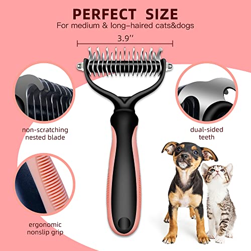 Pet Grooming Brush- 2 Sided Undercoat Rake for Dogs & Cats-Safe and Effective Dematting Comb & Deshedding Tool for Easy Mats & Tangles Removing - No More Nasty Shedding and Flying Hair
