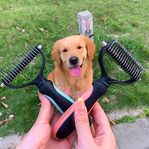 Pet Grooming Brush- 2 Sided Undercoat Rake for Dogs & Cats-Safe and Effective Dematting Comb & Deshedding Tool for Easy Mats & Tangles Removing - No More Nasty Shedding and Flying Hair
