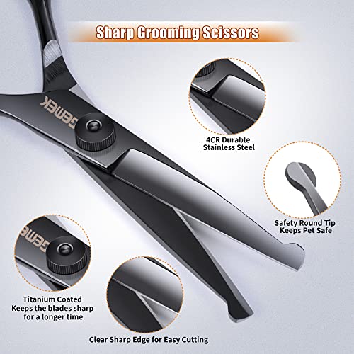 Dog Grooming Scissors Kit with Safety Round Tips, GEMEK Professional 6 in 1 Grooming Scissors for Dogs, Heavy Duty Titanium Coated Pet Grooming Scissor for Dogs, Cats and Other Animals (Black)