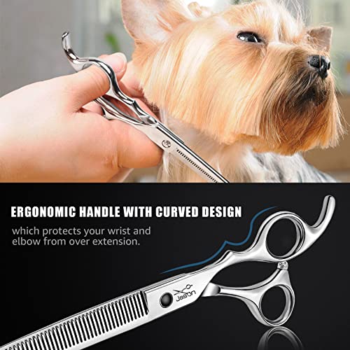 JASON 7.5" Dog Grooming Thinning Blending Scissor, Ergonomic Pet Grooming Thinner Blender Shears Cat Trimming Texturizing Kit with Offset Handle