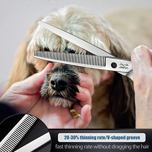 JASON 7.5" Dog Grooming Thinning Blending Scissor, Ergonomic Pet Grooming Thinner Blender Shears Cat Trimming Texturizing Kit with Offset Handle