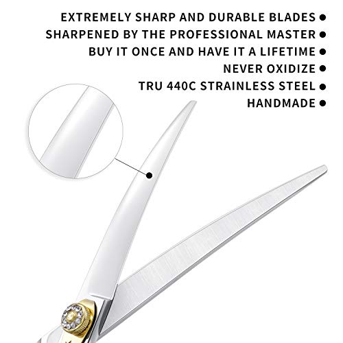 Dream Reach Professional Dog Grooming Straight, Curved, Thinning/Blending/Chunking Scissors Kit, JP-440C Stainless Steel Pet Cat Hair Cutting/Trimming Shears (7 inch-Curved Scissors)