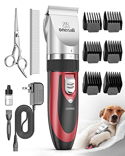 oneisall Pet Grooming Clipper Kits Low Noise Dog and Cat Rechargeable Cordless Electric Queit Clippers Set (Red)